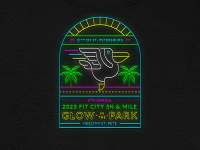 Glow in the Park 5k badge beach florida glow glowing health lockup monoline palm palm tree pelican race retro run st pete sun sunshine vintage wellness