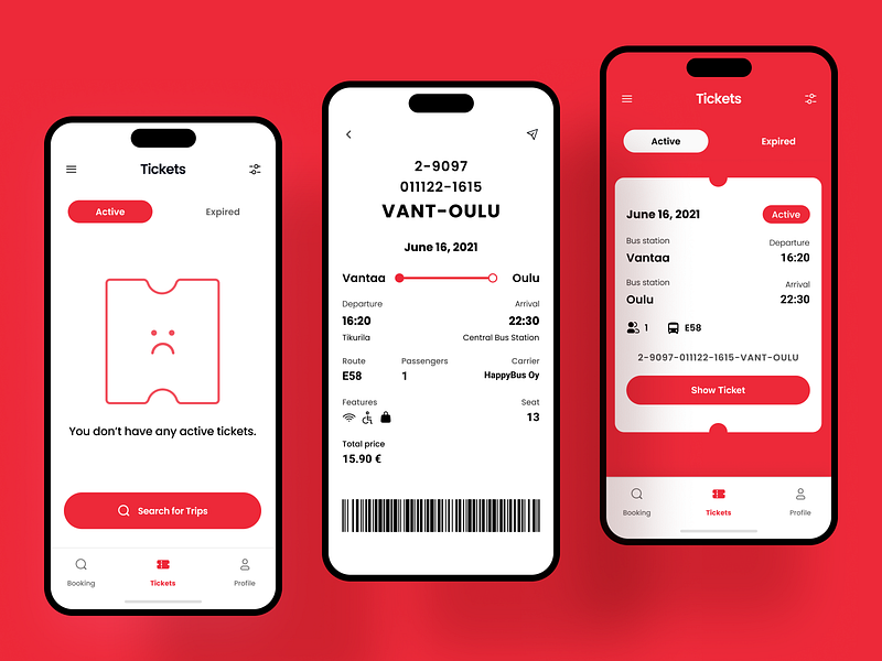 Bus Ticket Booking 🚌 - Mobile App app booking booking app bus bus app clean concept design interface ios minimal mobile mobile app red ticket ticket app ticket booking tickets travel ui