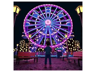 Kid in an Amusement Park 3d 3d model 3d modeling blender blue cartoon colors cute cycles design kid lights low poly neon neon lights neons pink retro scene yellow