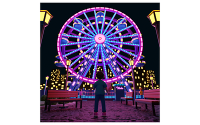 Kid in an Amusement Park 3d 3d model 3d modeling blender blue cartoon colors cute cycles design kid lights low poly neon neon lights neons pink retro scene yellow