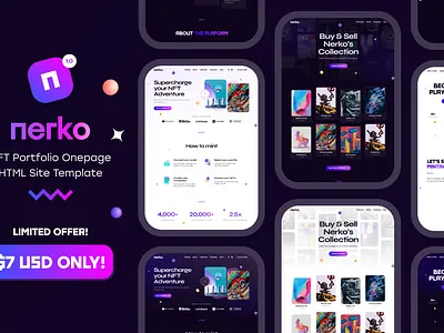 Nerko - NFT Portfolio Onepage crypto crypto art crypto currency design digital art figma html html5 logo metaverse nft nft blockchain nft minting nft portfolio site template swiper template ui uikit3 wordpress