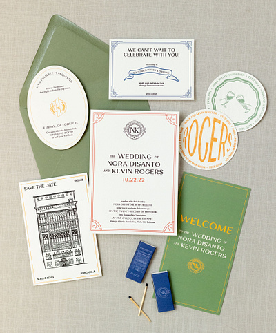 Chicago Athletic Association Wedding: Invitation Suite + Extras architecture branding building chicago coaster coasters cocktail handdrawn illustration invitation letterpress logo matchbox set suite vintage wedding weddingbranding weddinginvitation weddinglogo