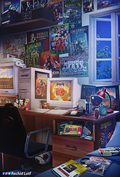 90s PC Gamer Room 90s pc gamer room alone in the dark architectural concepts artwork childhood conceptart design digital 2d digital 3d doom fan art illustration pc pc gaming quake rachid lotf rachidlotf retro retrogaming zelda