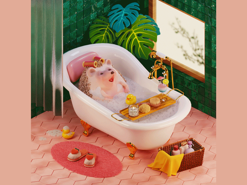 Bubble bath 3d 3d art animation bathroom bathtub blender bubblebath character characterdesign cycle digitalart diorama hedgehog illustration isometric loop modeling render tub
