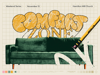 Tales from the Comfort Zone branding bubble letters christian church church design collage couch erase illustration pencil religion sermon series weekend series