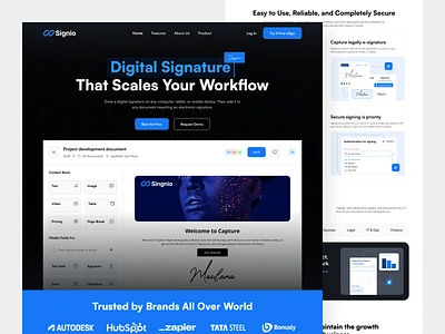 Signio - Digital Signature Landing Page agreement b2b b2b website campany component digital signature document e paper e signature invoice landing page paper paperwork product saas saas website signature templates web design