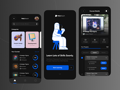 E-learning app - Dark mode 3d app design application course dark design e learning education graphic design illustration learn learning minimalism mobile mockup online learning phone ui ux