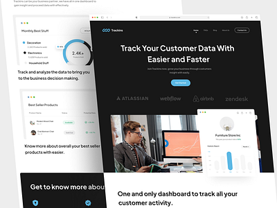 Trackins - Sales Tracking Landing Page analytics b2b business charts clean concept crm dashboard data design finance graphs landing page saas sales software ui uidesign web design website design