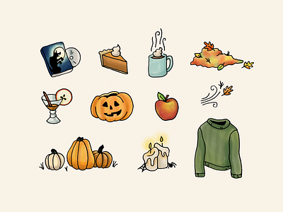 Fall Doodles apple autumn chill digital doodles drawing fall gourds hand drawn icon illustration jack o lantern leaves movie pie pumpkin season spooky sweater wind