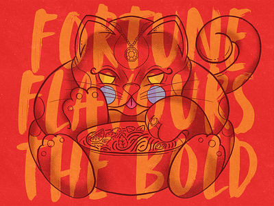 Fortune Cat bold branding cat flavour fortune halftone hand drawn illustration noodles pho procreate vietnam vietnamese