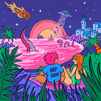 Sunset In Mars, Trippy Art for GetLife.es Instagram series acid art alien cartoon cartoon illustration fun neon graphic art space holidays spacey trippy art trippy illustration