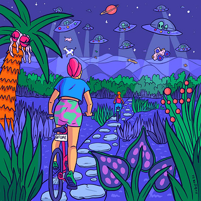 A Ride Into CE-5 Encounters. Trippy art for Getlife instagram. 2d bike ride character design colourful female art illustration pop spacey art surreal illustration surrealism trippy art trippy illustration woman bike