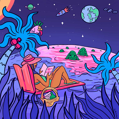 Holidays in the moon. Trippy Art for GetLife.es Instagram series female art female surreal art feminist illustration lunatic art moon pop surrealism sexy holidays trippy art trippy illustration