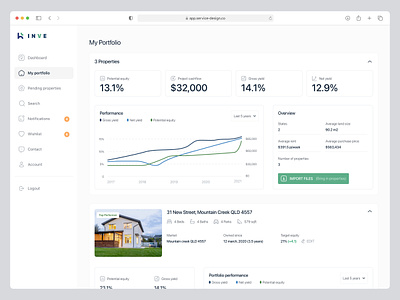 My portfolio accordions clean collapse dashboard expand gross yield growth investment report line chart my property details performance potential equity property overview real estate investor app ui ux