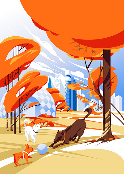 Dogs in the autumn park animal autumn building city clouds dog domestic fall forsale illustration inprnt landscape nature park play print season sky tree vector