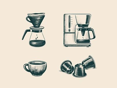 Coffee brewing illustrations art branding capsules coffee coffee brewing illustrations coffee machine design graphic design guide illustration illustrator logo procreate retro v60