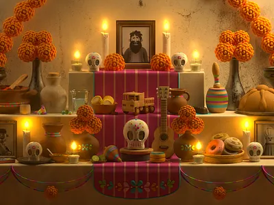 Ofrenda 3d c4d dayofthedead design diademuertos digitalart illustration mexico ofrenda render skull