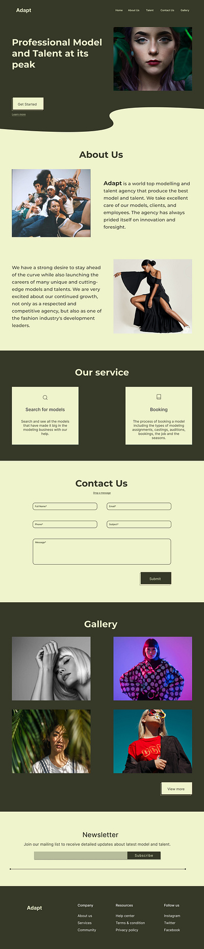 Landing page for a model and talent agency design figma hero section landing page ui