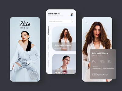 Model's Portfolio App app app design app ui clean ui dark design fashion fashion app mobile design mobile ui model model agency model app modelling modelling agency models portfolio design ui design uiux ux