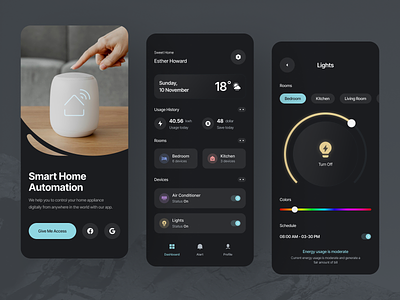 Smart Home app design clean dark theme dark ui home app home automation minimal mobile app mobile app design mobile design mobile ui remote control smart device smart home smart home app smart home mobile ui design