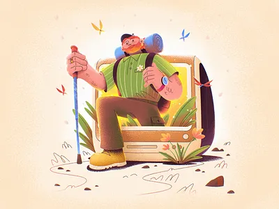 Digital Detox addiction adventure detox digital fun happy hiker hiking illustration internet procreate real life smile travel traveler vector