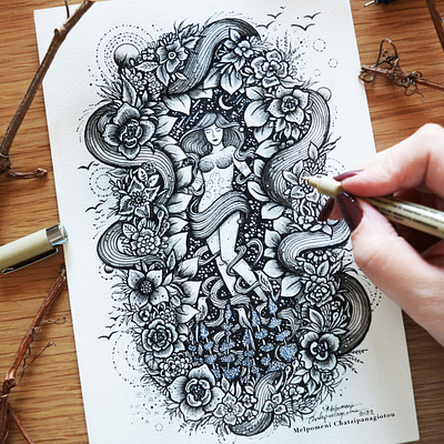 Nature Spirit art artwork botanical branding design draw drawing flowers galaxy graphic design handmade illustration landscape line art logo nature pen and ink space spiritual woman
