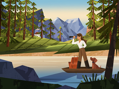 Journey 2d art boat design dog flat forest house illustration illustrator journey lake logo minimal mountains pet tree trip ui vector