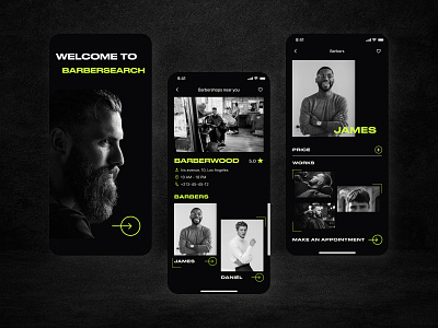 Barbershop mobile app design concept app barber barberbusiness barbershop barbershopapp barbershopdesign black branding design freelance freelancedesigner green mobileapp trendcolors trendsapp ui uidesign uidesigner usa ux