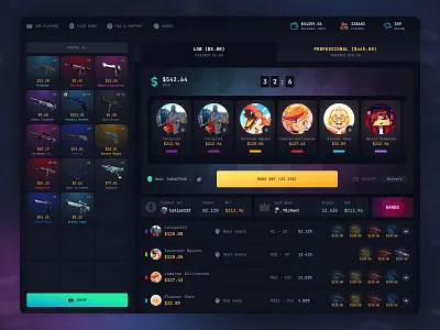 Winskins - online casino CS:GO betting casino crash crypto cs:go dark ui dashboard gambling game design game interface jackpot lottery nft open case p2e play to earn roulette slots ui ux