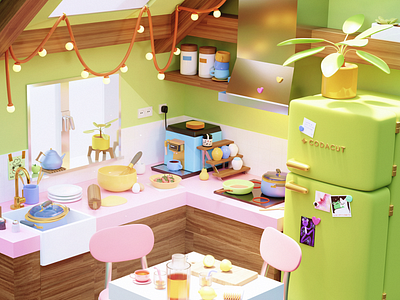 Cute Kitchen 3d 3dart 3drender art blender blendercommunity cute design interior isometric kitchen render