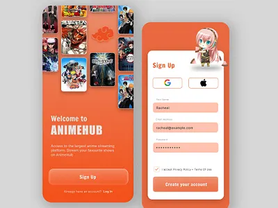 DailyUI 001 :: Sign up Page anime animemobileapp app appdesign dailyui dailyuichallenge design figma james dev james racheal signup signuppage ui ui.jaymez uidesign uiux