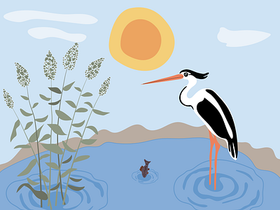 Stork graphic design identity il illustration pond reeds stork sun vector