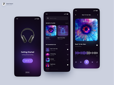 DIEMU Music Player App ✦ app app design app ui black dark dark app dark ui dark website design farsi iran minimal minimal dark music music player persian personal website player ui ux