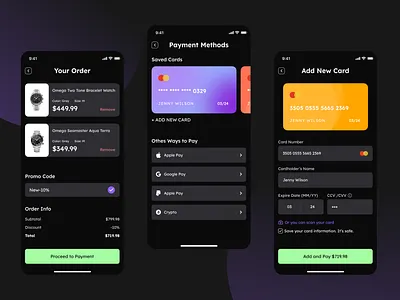 Daily UI 002 - Credit Card Checkout add new card black cards cards gradien credit card form mobile mobile first order order mobile payment promo code ui ui daily ui mobile ux ux ui