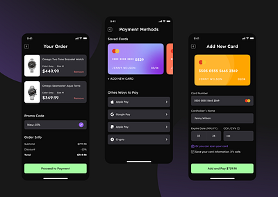 Daily UI 002 - Credit Card Checkout add new card black cards cards gradien credit card form mobile mobile first order order mobile payment promo code ui ui daily ui mobile ux ux ui