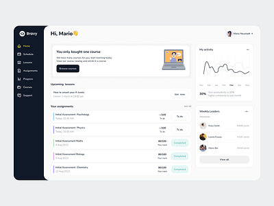 E-learning Dashboard - Home app clean dashboard design e learning edtech education interface learn learning lessons saas school study subjects ui ux