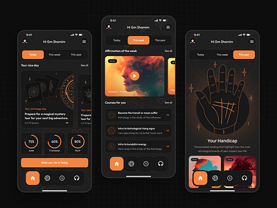 Astrology mobile app - Home screen app app design appdesign astrologer astrology darkmode fortune teller horoscope match maker minimal mobile app ui mobile ui mobileapp mystic neumorphism palmistry tarot reading uiux zodiac