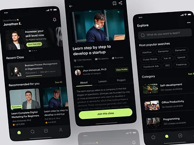 Tangkas - Online Course Mobile App app black class course design e course e learning green learn learning lessons minimal mobile app online quiz school study ui