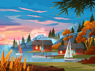 Autumn architecture artwork autumn boats forest houses illustration illustration art lake lake houses mountain sunset