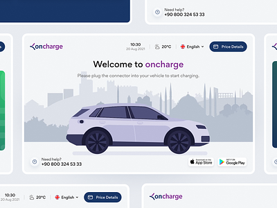 oncharge: Kiosk Screens car charge charged charging electric electric car electric station energy interactions kiosk kiosk app kiosk screen mobile oncharge smart car station tablet ui