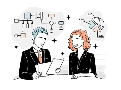 Business people team. Illustration for the website and app agenda black and white business cooperation corporate discussion drawing illustration line drawing lineart meeting minimal office people portrait research strategy team teamwork vector