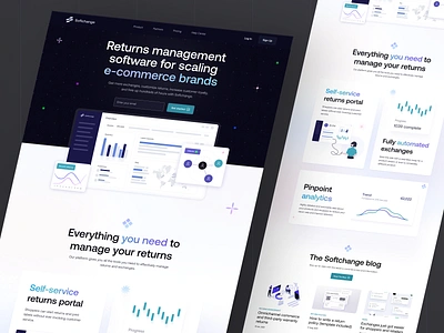 Softchange - Landing page for SaaS web application app charts clean dark dashboard design e commerce gradient graphs landing landing page light minimal product image returns management saas shipment ui web app website