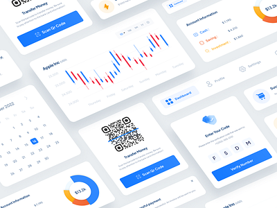 Financial Components ☵ Light mode banking calendar chart component components elements finance financial fintech graph investment minimal money navigation payment qr code transaction ui kit web design website