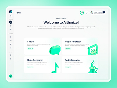 Aithorize - AI Assistant Web App ai ai assistant ai image ai powered app app design artificial intelligence authorize chat ai chat generator image generator music generator ui ui design web app web design website