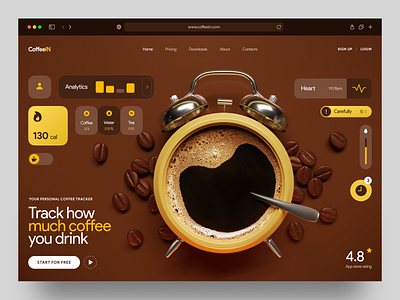 Personal Coffee Tracker Concept 3d alarm coffee concept creative desctop habits homepage illustration inspiration interaction landing startup tea ui ux web webdesign website widgets