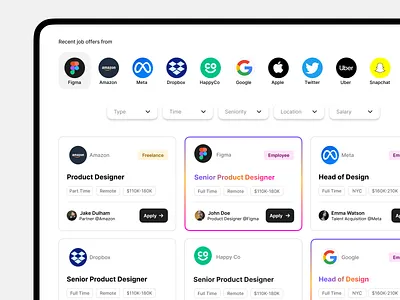 Job Board Portal app brand card company dashboard design filters grid job job board job offer list offers portal profile site snippets ui ux website