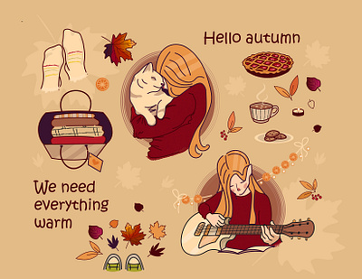 Autumn vibe adobe illustrator autumn cartoon cat character design comfy cosy cute design fall girl illustration september vector warm