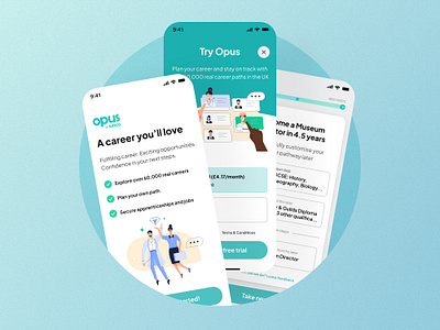 Career planning mobile app onboarding - Opus apprenticeship benefit driven branding card design career career change career planning internship job job engine job search mobile app onboarding opus pricing screen product lead product lead growth