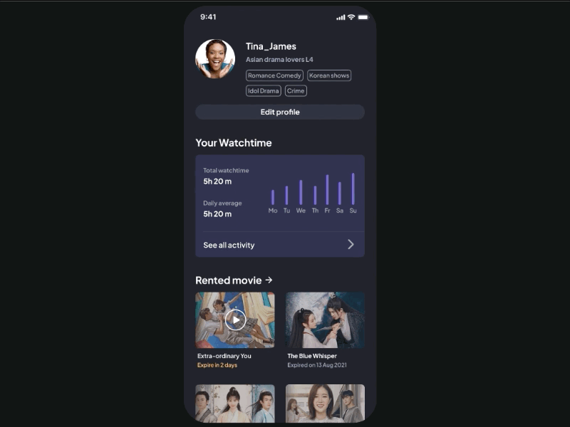 User profile of streaming app animation app mobileui streaming app ui