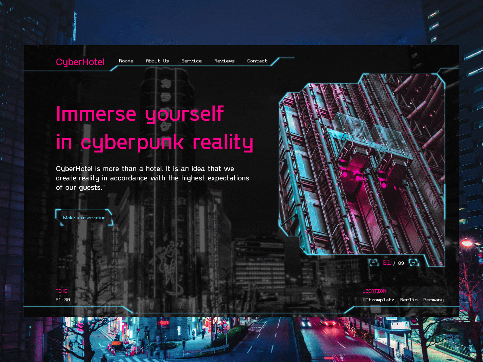 CyberHotel - first screen design animation branding cyberpunk design futuristic graphic design illustration landing page logo typography ui uiux ux vector